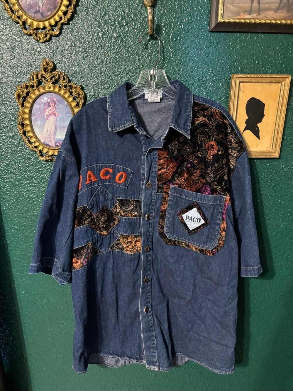 VTG Paco Jeans Velour Patchwork Denim Button Up Shirt Italian Designer Spellout